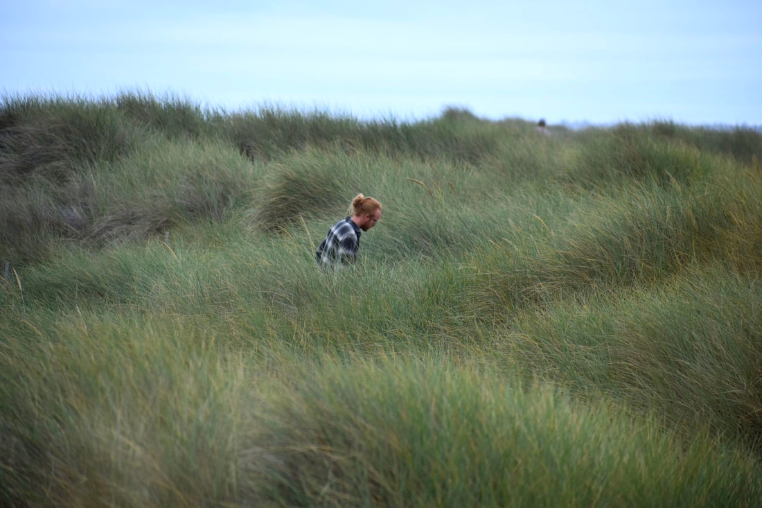 Henry, a white man with red hair tied in a bun, wades through dune grass, only his torso visible.